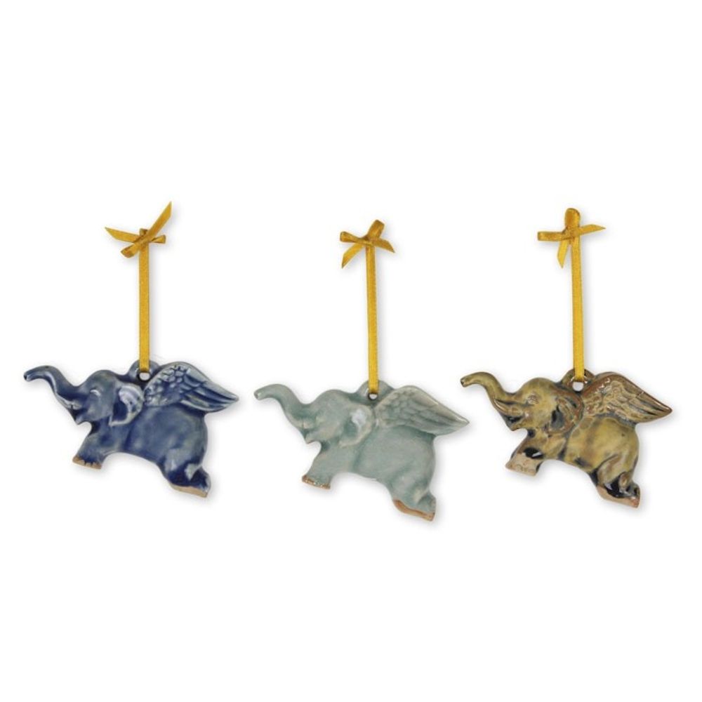 Hand Crafted Ornaments in Celadon Ceramic Set of 3 'Flying Elephants'