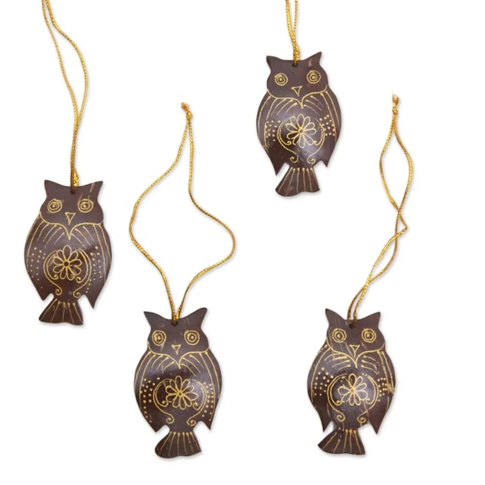 Set of 4 Javanese Coconut Shell Owl Figure Ornaments 'Hanging Owls'