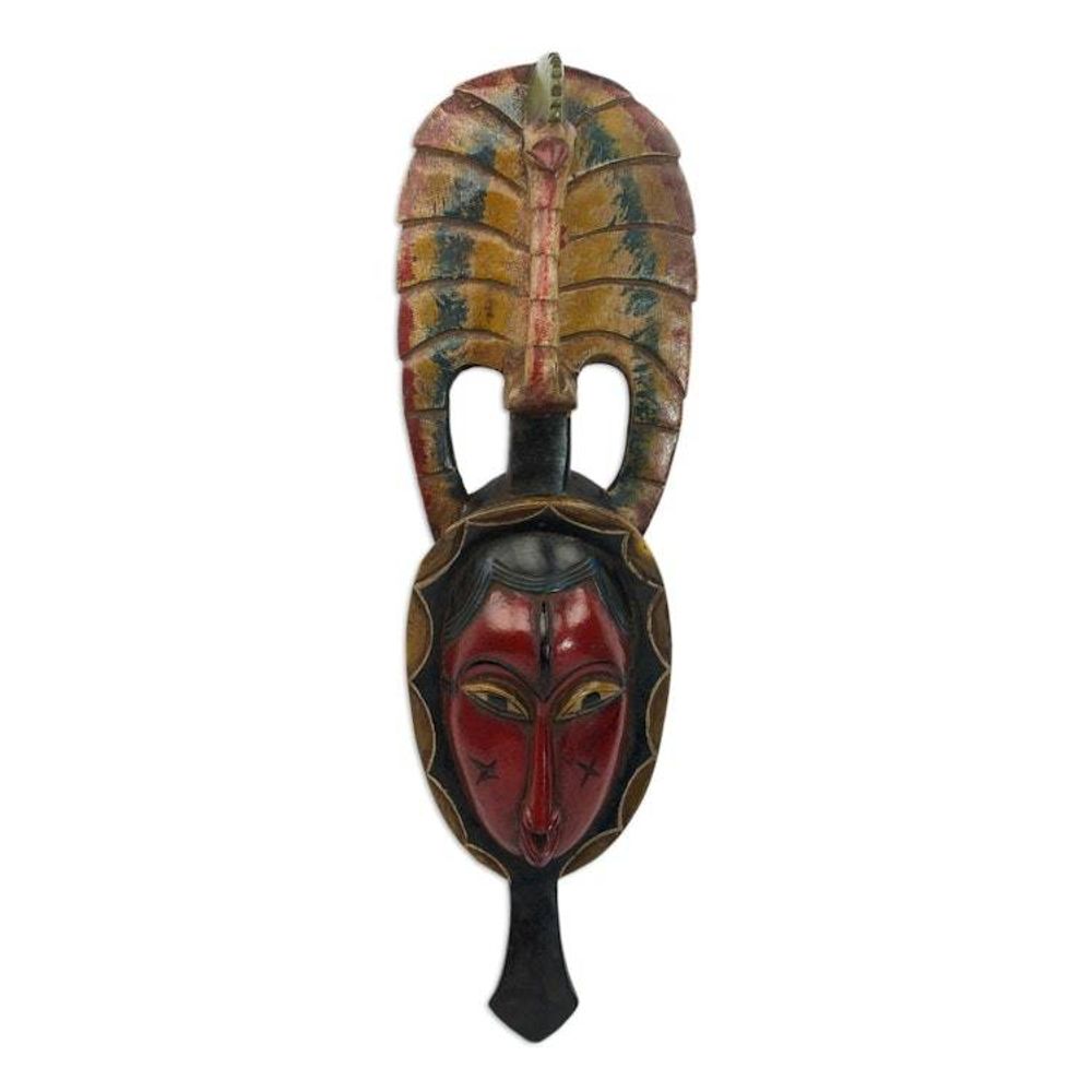 Hand Carved Sese Wood Wall Mask with Peacock from Ghana 'Tribal Peacock'
