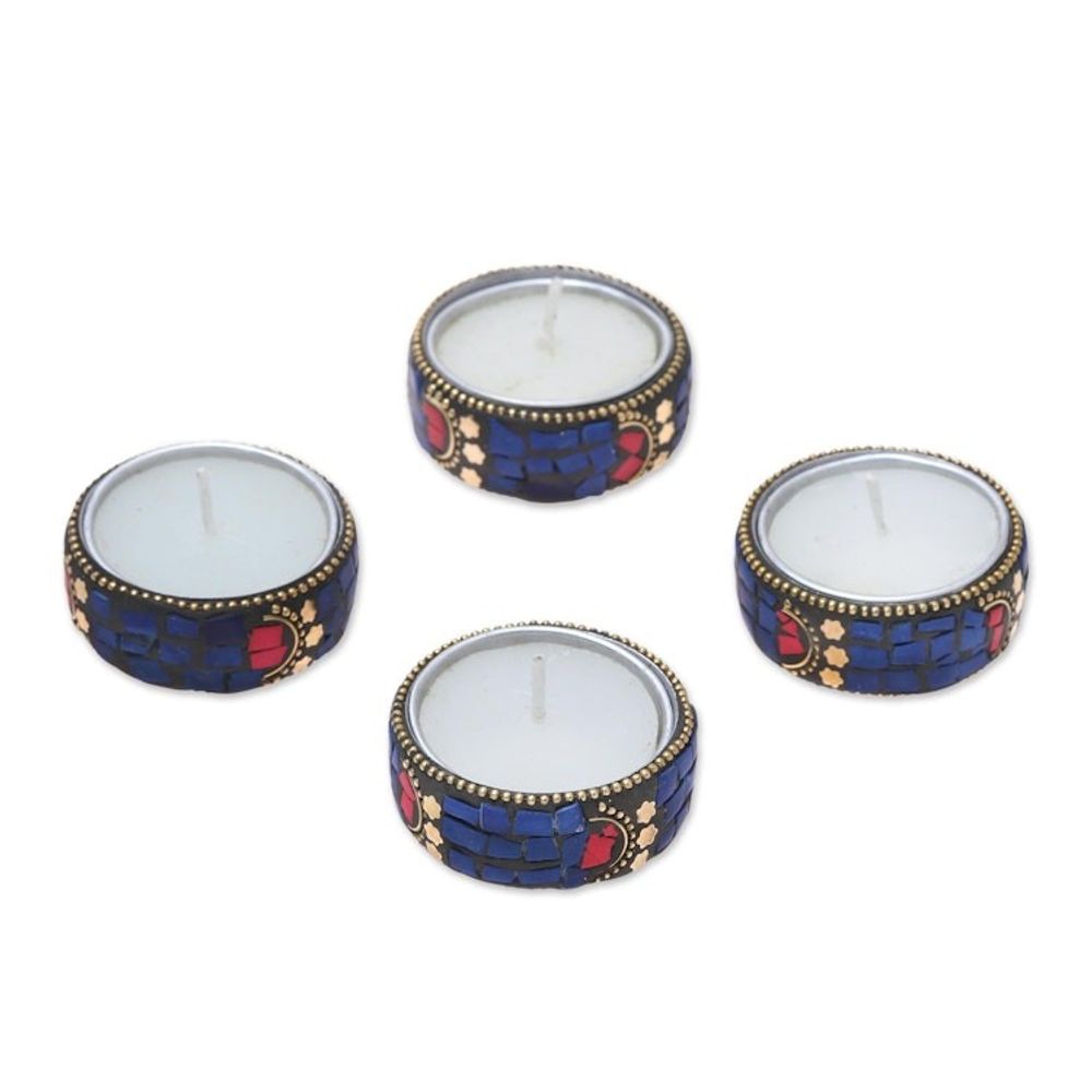 Set of Four Resin Coated Tea Lights with Brass Beads 'Shimmering Stars'