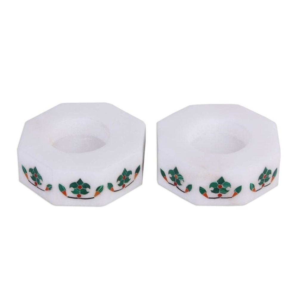Octagon Marble Tealight Holder with Green Buds Pair 'Floral Alliance in Green'