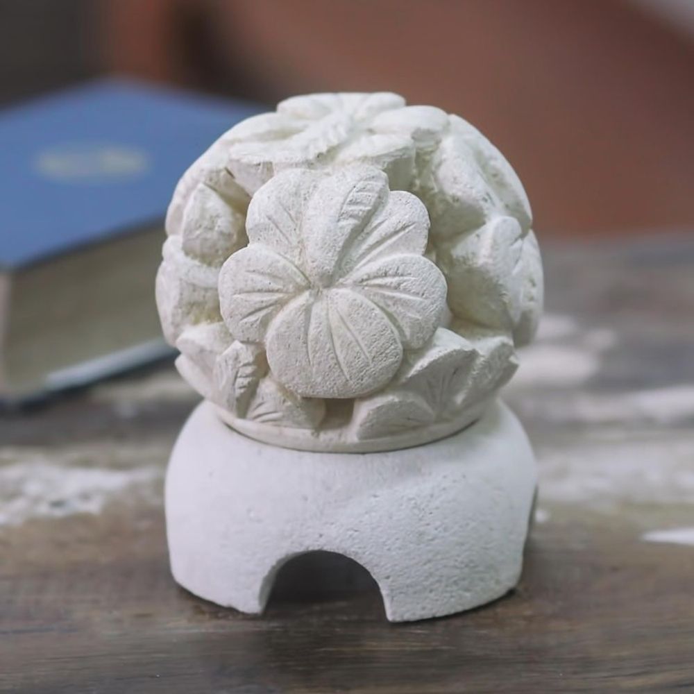 Carved Floral Limestone Tealight Candleholder from Bali 'Hibiscus'