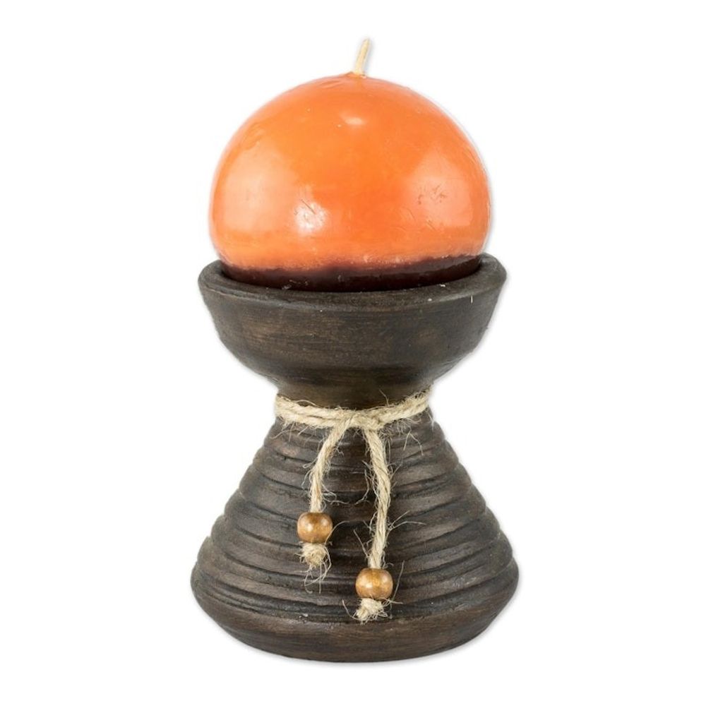 Brown Ceramic Candleholder with Handmade Orange Candle 'Natural Light in Orange'