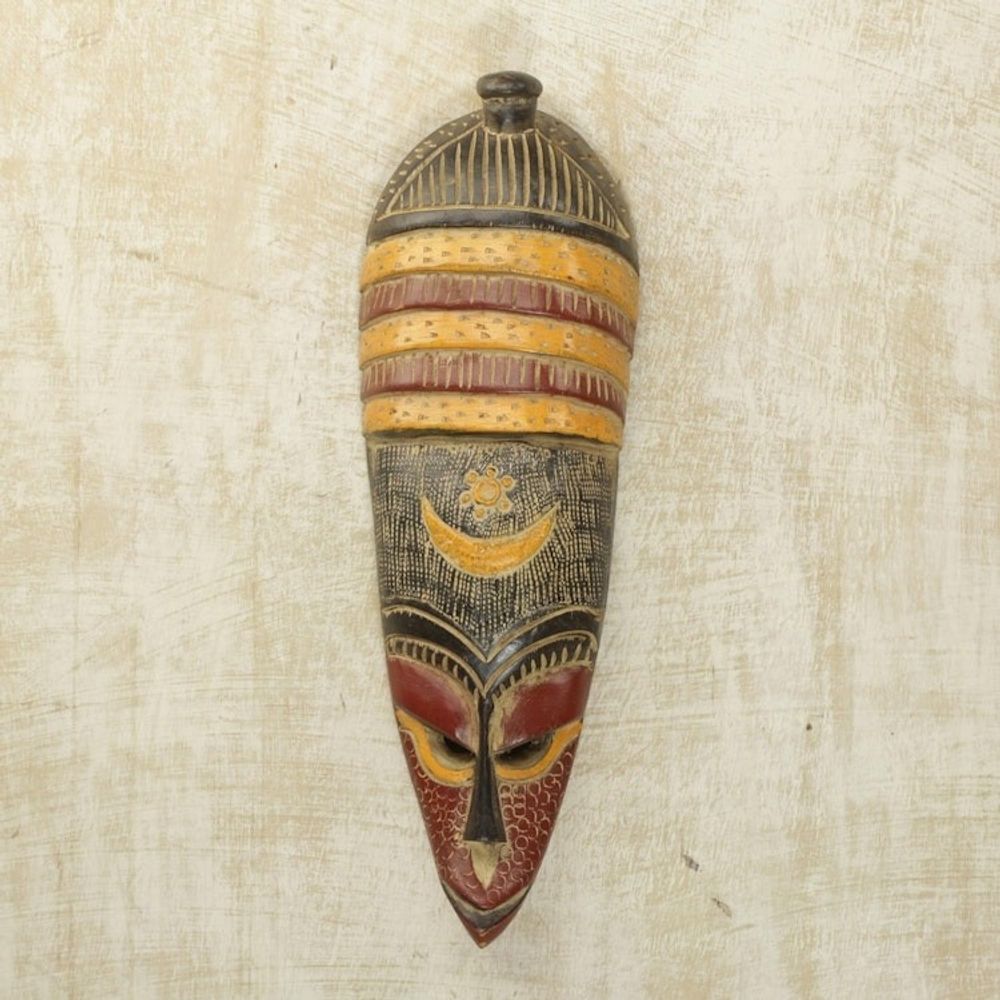 Handmade African Colorful Sese Wood Wall Mask from Ghana 'Colorful Villager'