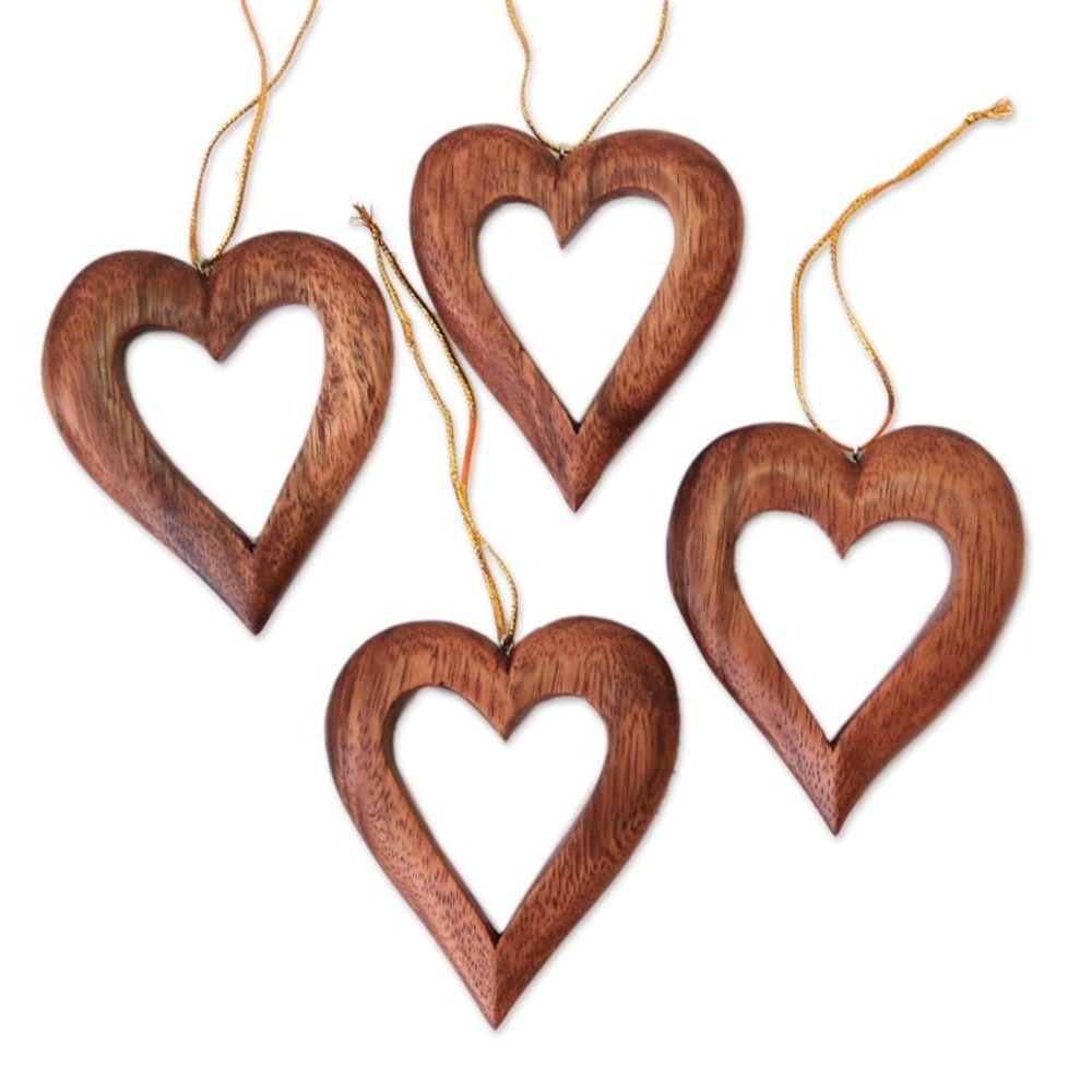 Heart-Shaped Suar Wood Ornaments from Bali Set of 4 'Heart Grain'
