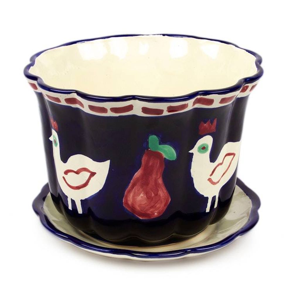 Dove and Fruit-Themed Blue Ceramic Flower Pot and Saucer 'Dreamy Doves'