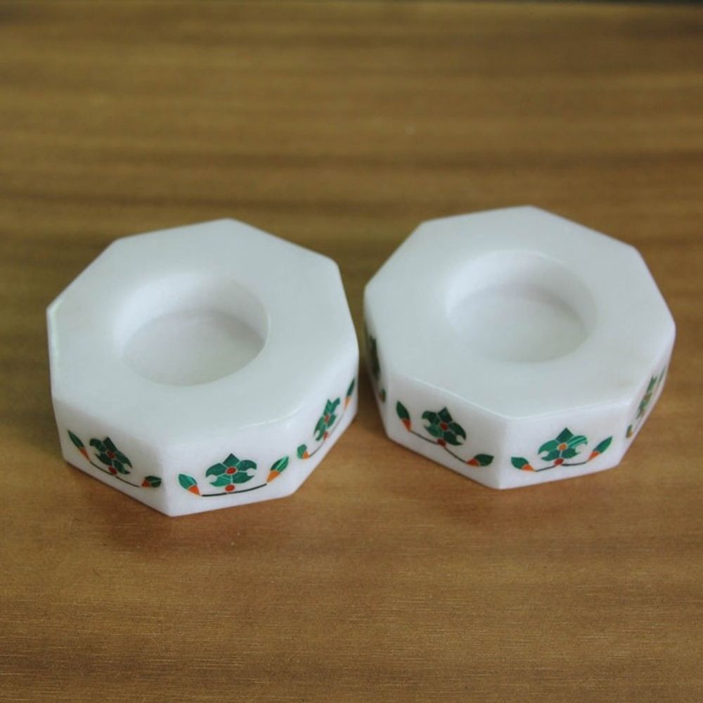 Octagon Marble Tealight Holder with Green Buds Pair 'Floral Alliance in Green'