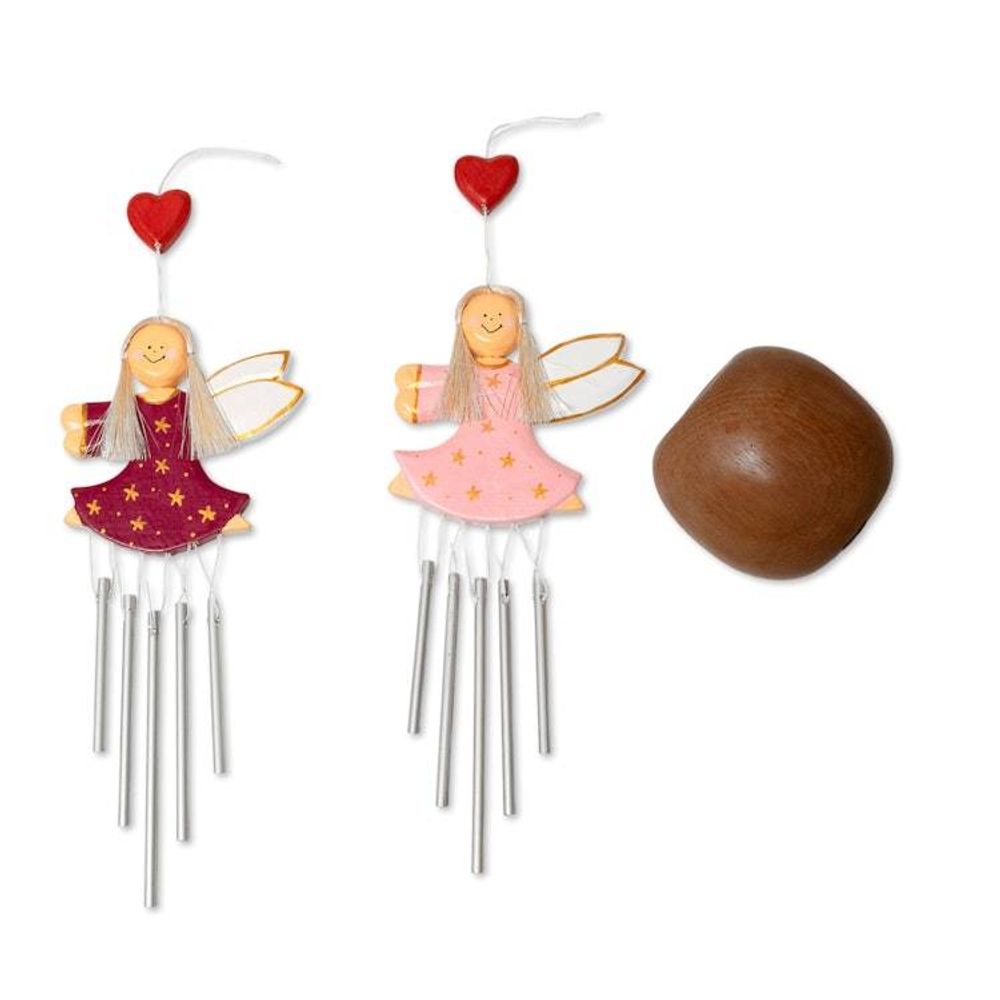 Pair of Fairy-Shaped Wood and Natural Fiber Wind Chimes 'Petite Stars'