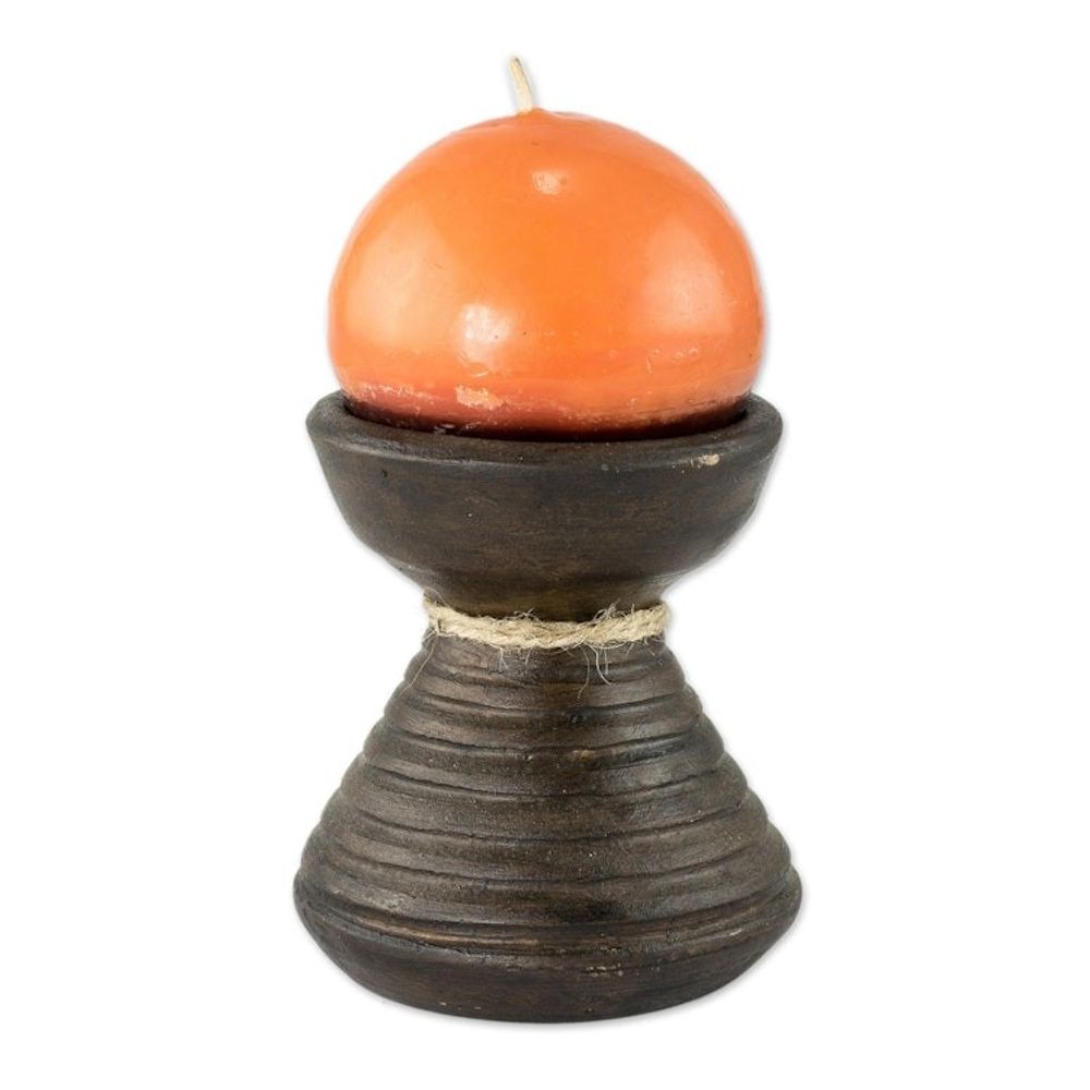 Brown Ceramic Candleholder with Handmade Orange Candle 'Natural Light in Orange'