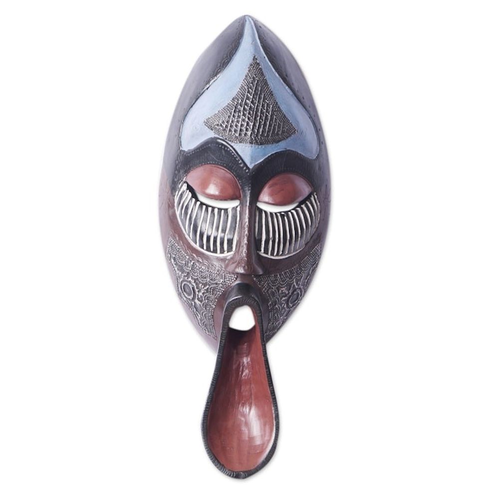 African Sese Wood Mask in Blue with Repousse Aluminum 'Ancestral Chant'