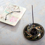 Handcrafted Wavy-Patterned Round Ceramic Incense Holder 'Ancestral Waves'