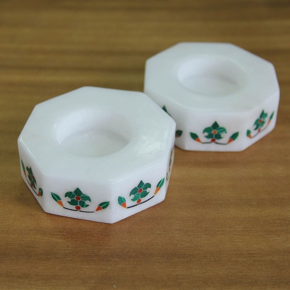 Octagon Marble Tealight Holder with Green Buds Pair 'Floral Alliance in Green'