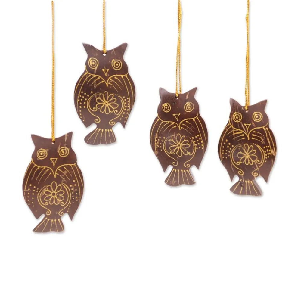 Set of 4 Javanese Coconut Shell Owl Figure Ornaments 'Hanging Owls'