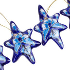 Set of 4 Handcrafted Ceramic Talavera Star Ornaments in Blue 'Floral Twilight'