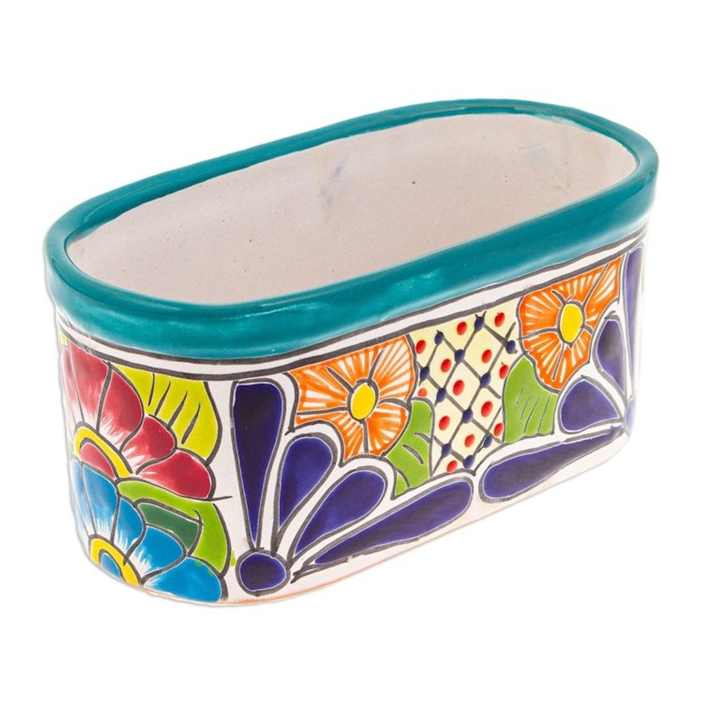Handcrafted Floral Talavera Ceramic Flower Pot from Mexico 'Oblong Hacienda in Teal'