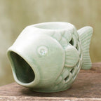 Handcrafted Ceramic Clay Oil Warmer Green Fish from Thailand 'Hello Fish'