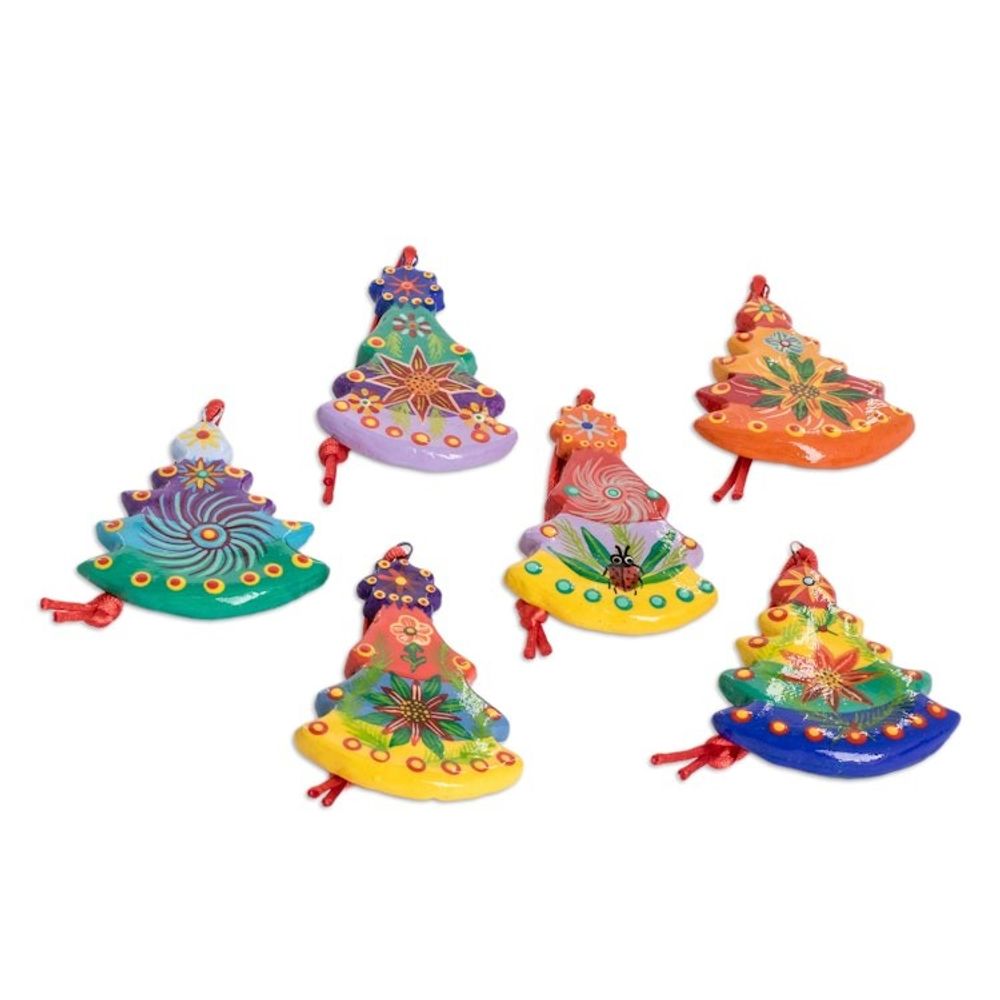 Hand Painted Ceramic Tree Ornaments Set of 6 'Christmas Tree'