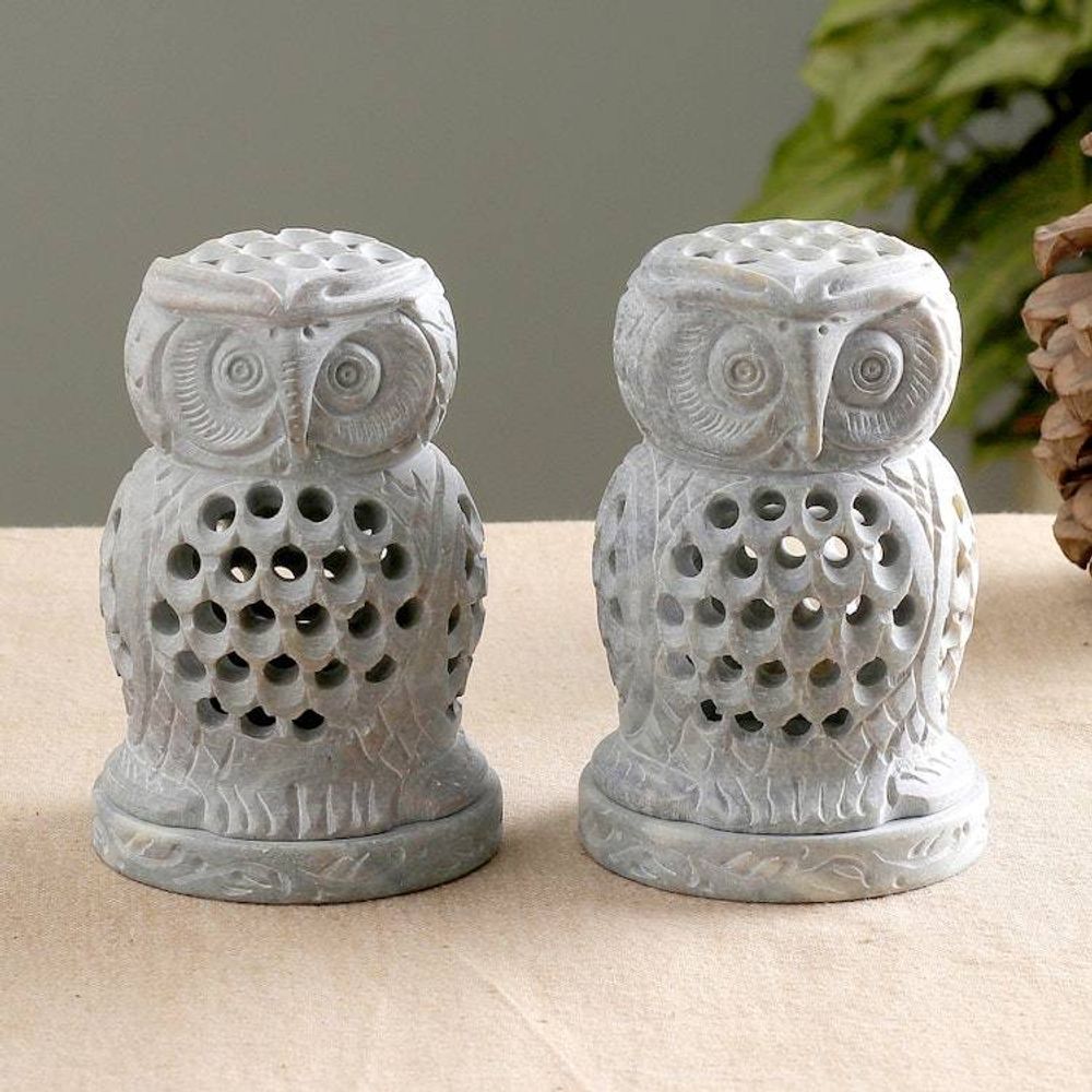 2 Owl-Shaped Openwork Hand-Carved Soapstone Tealight Holders 'Lucky Owls'