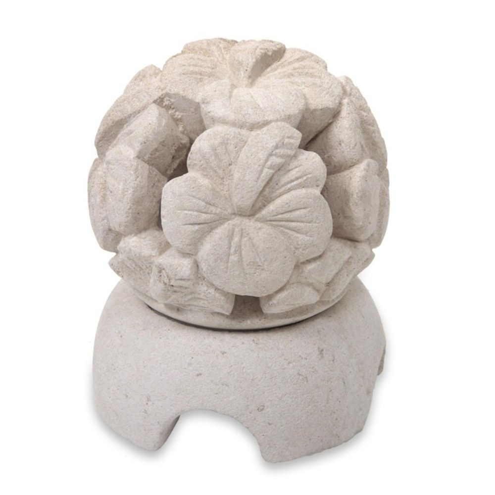 Carved Floral Limestone Tealight Candleholder from Bali 'Hibiscus'