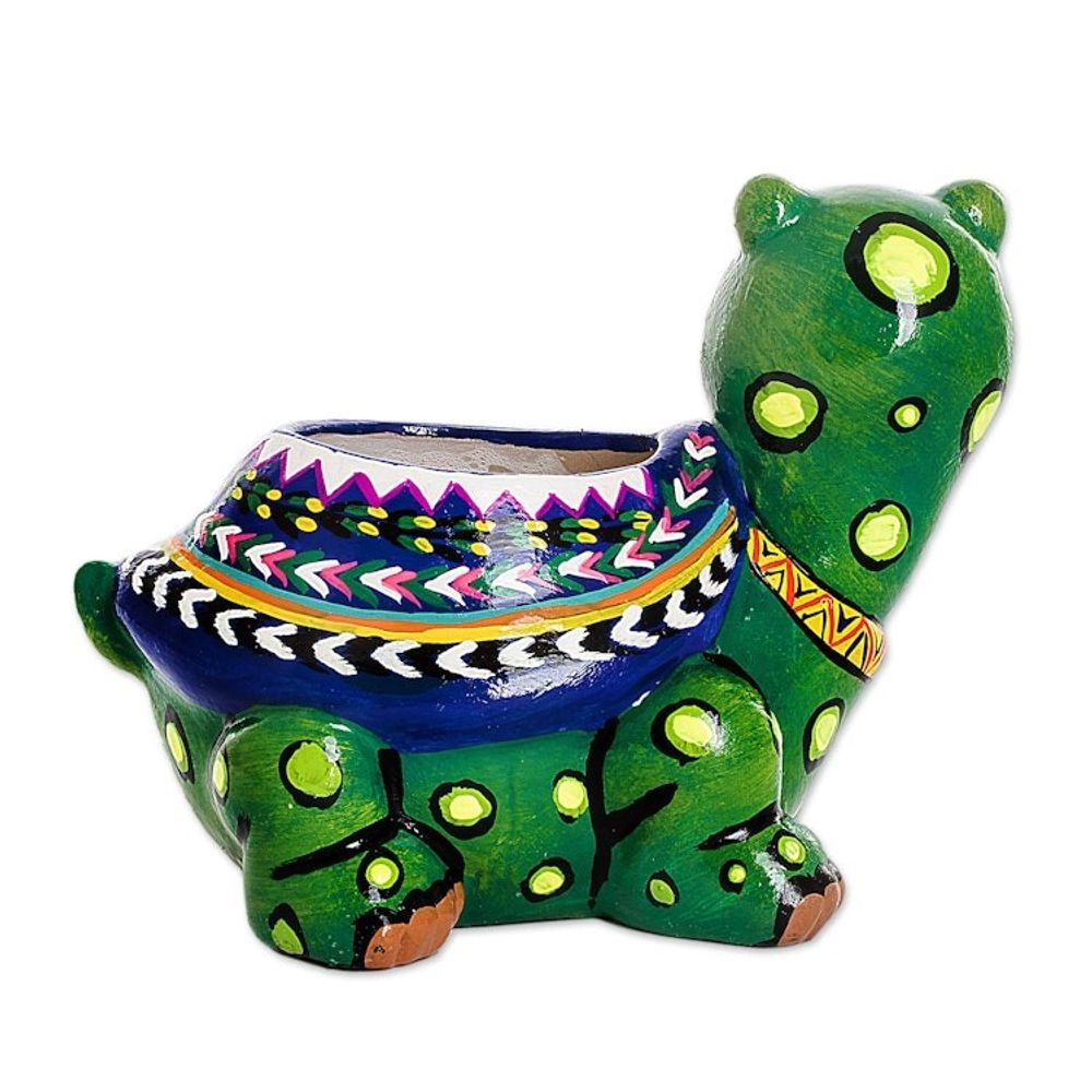Hand-Painted Small Turtle Ceramic Flower Pot from Guatemala 'Mountain Turtle'