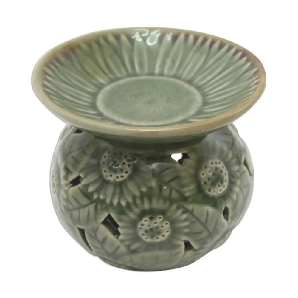 Sunflower Motif Green Ceramic Oil Warmer 'Fragrant Sunflower'