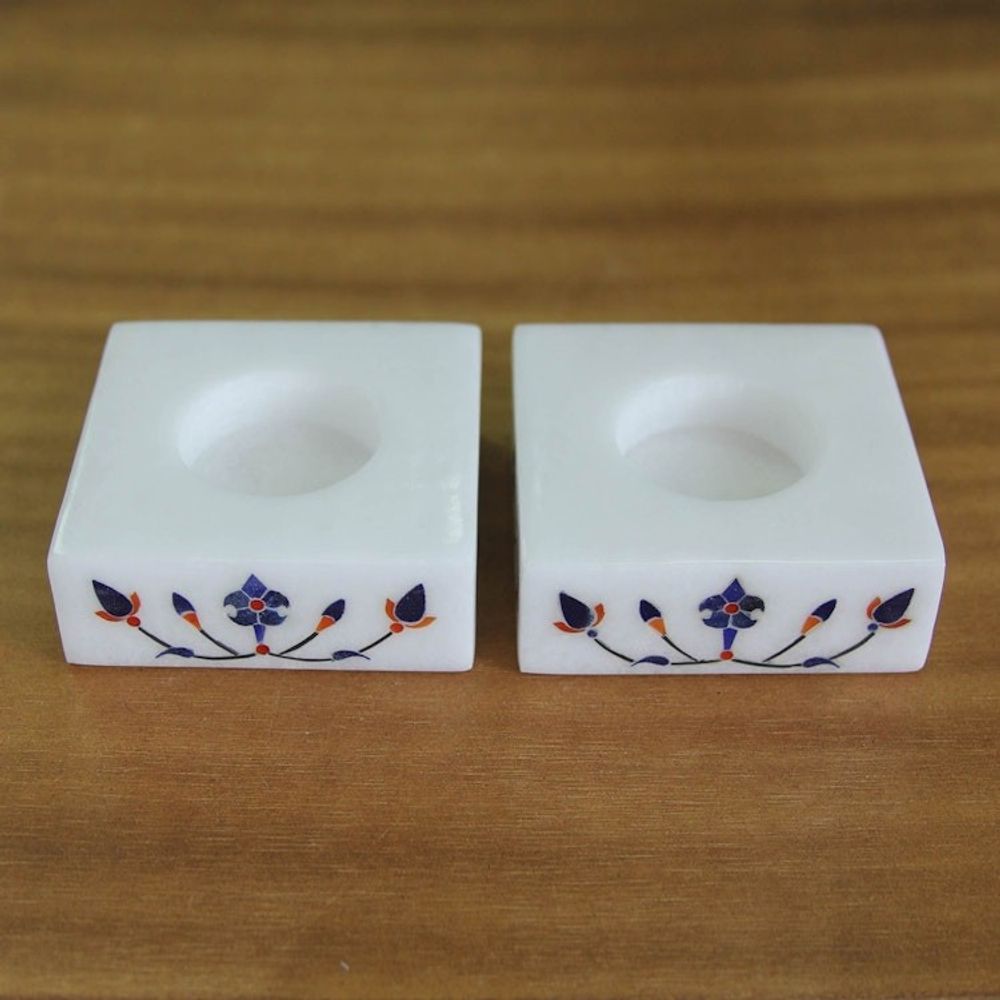 Square Marble Tealight Holder with Blue Blooming Buds Pair 'Blooming Buds in Blue'