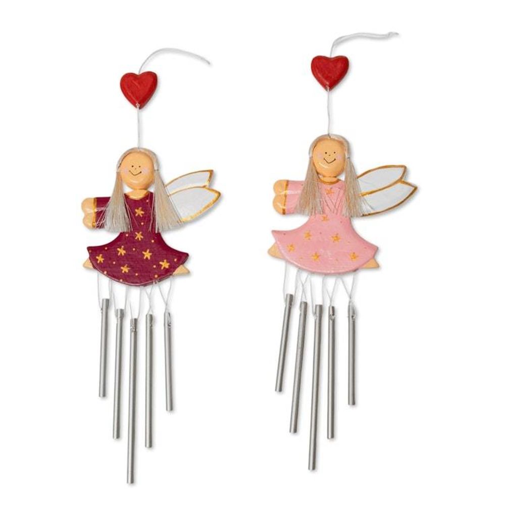 Pair of Fairy-Shaped Wood and Natural Fiber Wind Chimes 'Petite Stars'