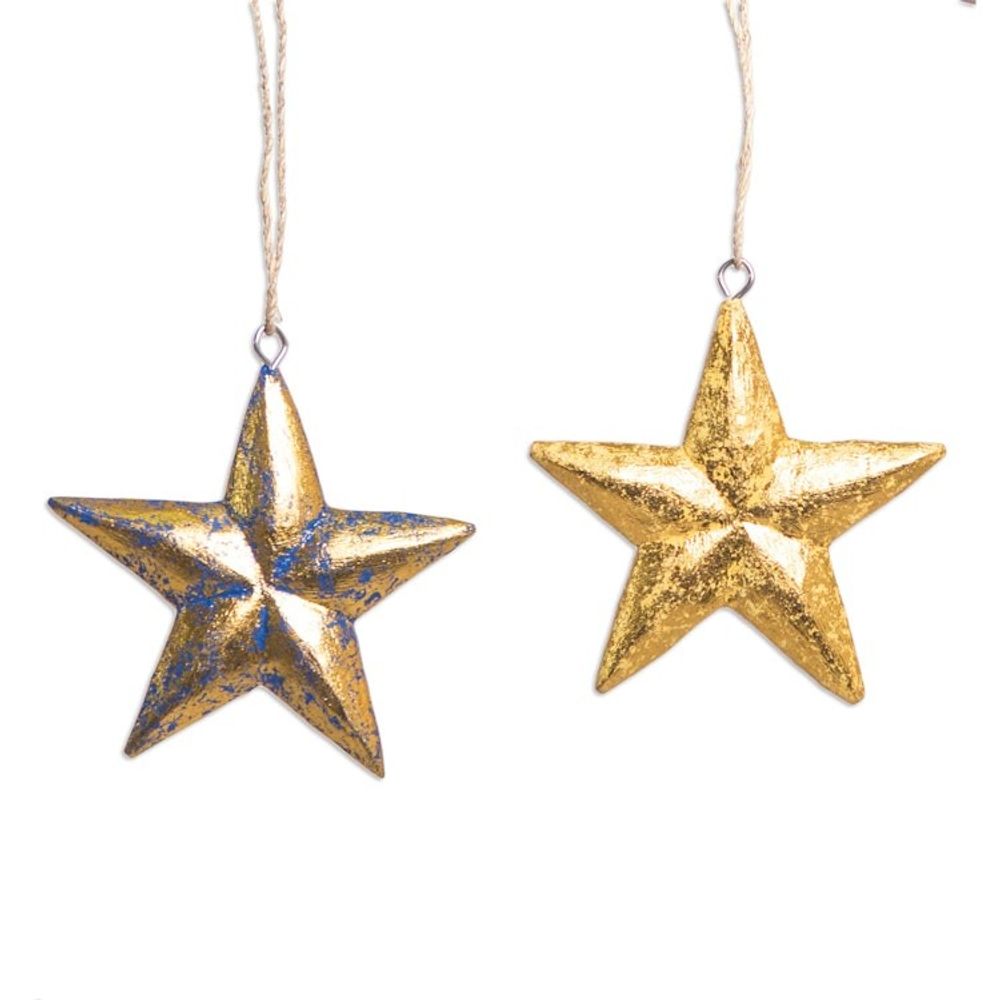 Hand Carved Star-Motif Holiday Ornaments Set of 4 'Seeing Stars'