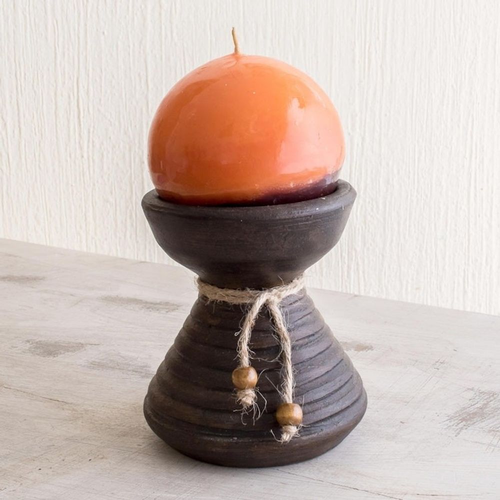 Brown Ceramic Candleholder with Handmade Orange Candle 'Natural Light in Orange'