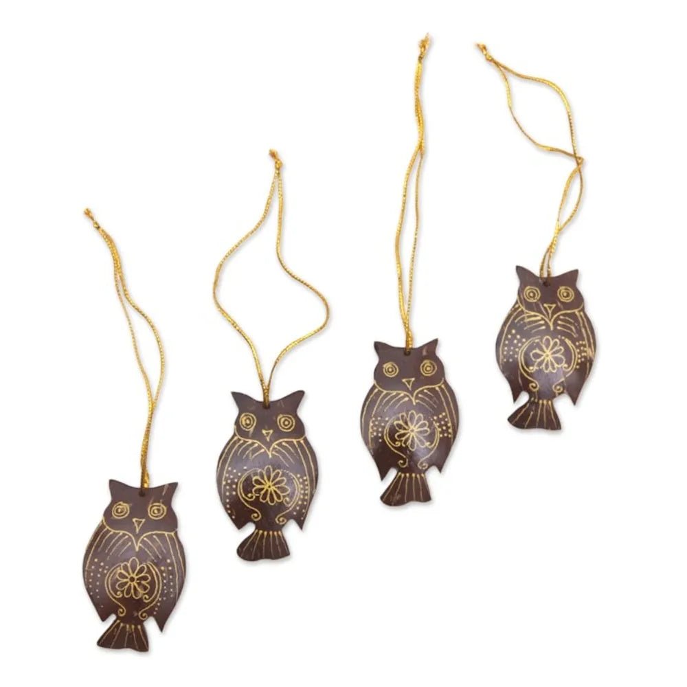 Set of 4 Javanese Coconut Shell Owl Figure Ornaments 'Hanging Owls'