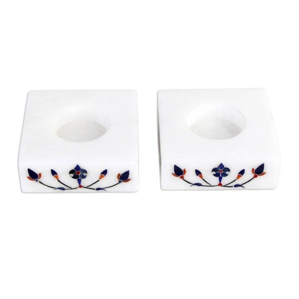 Square Marble Tealight Holder with Blue Blooming Buds Pair 'Blooming Buds in Blue'