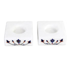 Square Marble Tealight Holder with Blue Blooming Buds Pair 'Blooming Buds in Blue'