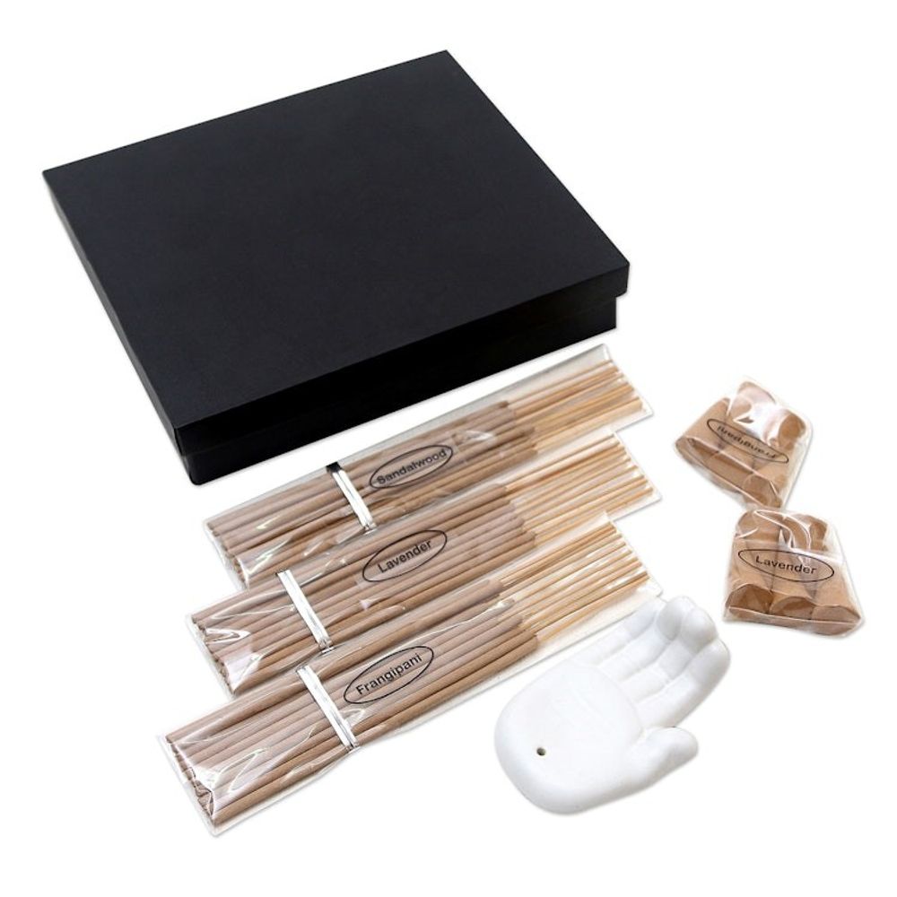 Lavender and Frangipani Ceramic Incense Set 'White Palm'