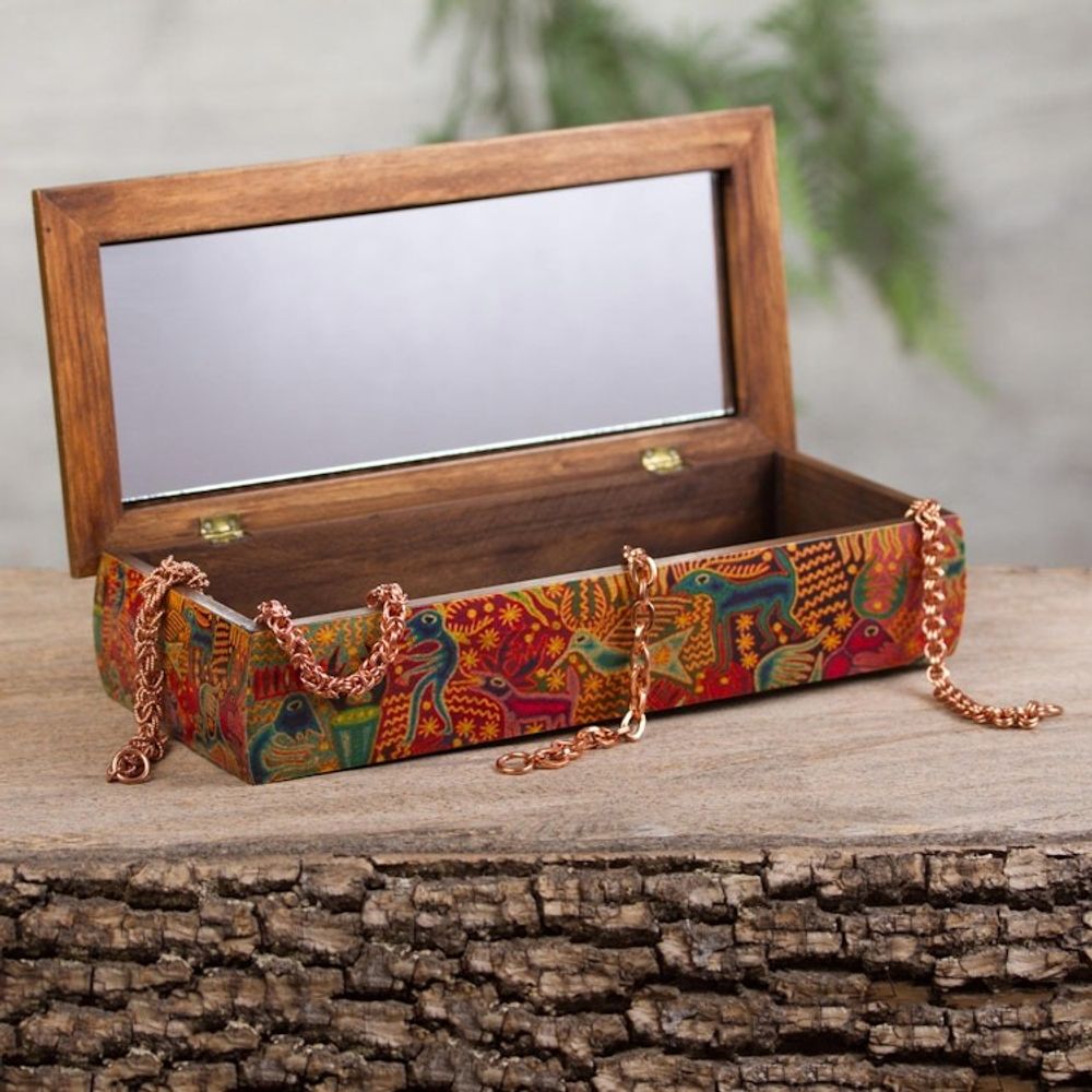 Huichol Theme Decoupage Jewelry Box with Mirror 'Huichol Fiesta'