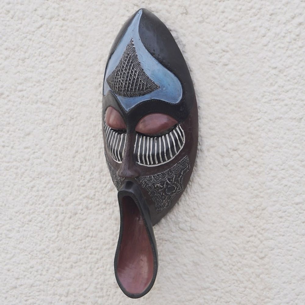 African Sese Wood Mask in Blue with Repousse Aluminum 'Ancestral Chant'