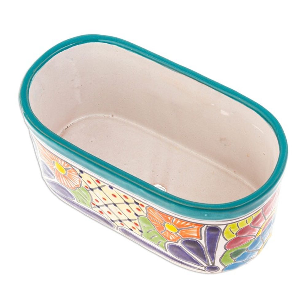 Handcrafted Floral Talavera Ceramic Flower Pot from Mexico 'Oblong Hacienda in Teal'