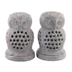 2 Owl-Shaped Openwork Hand-Carved Soapstone Tealight Holders 'Lucky Owls'