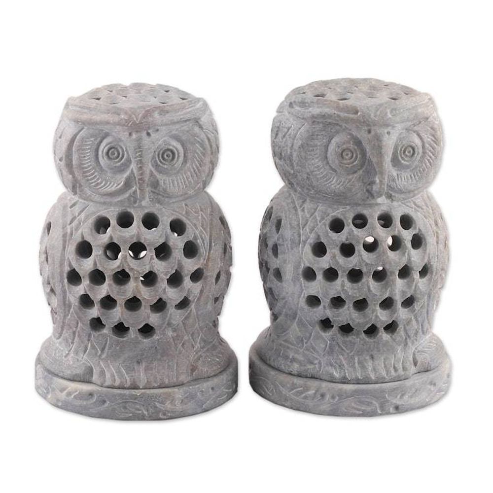 2 Owl-Shaped Openwork Hand-Carved Soapstone Tealight Holders 'Lucky Owls'