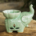 Handmade Light Green Celadon Ceramic Elephant Oil Warmer 'Time to Relax'