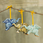 Hand Crafted Ornaments in Celadon Ceramic Set of 3 'Flying Elephants'