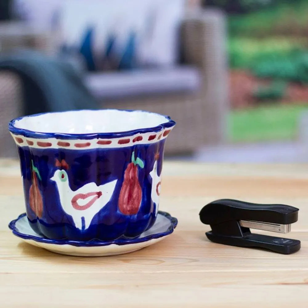 Dove and Fruit-Themed Blue Ceramic Flower Pot and Saucer 'Dreamy Doves'