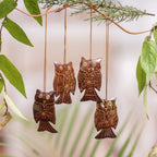 Set of 4 Javanese Coconut Shell Owl Figure Ornaments 'Hanging Owls'