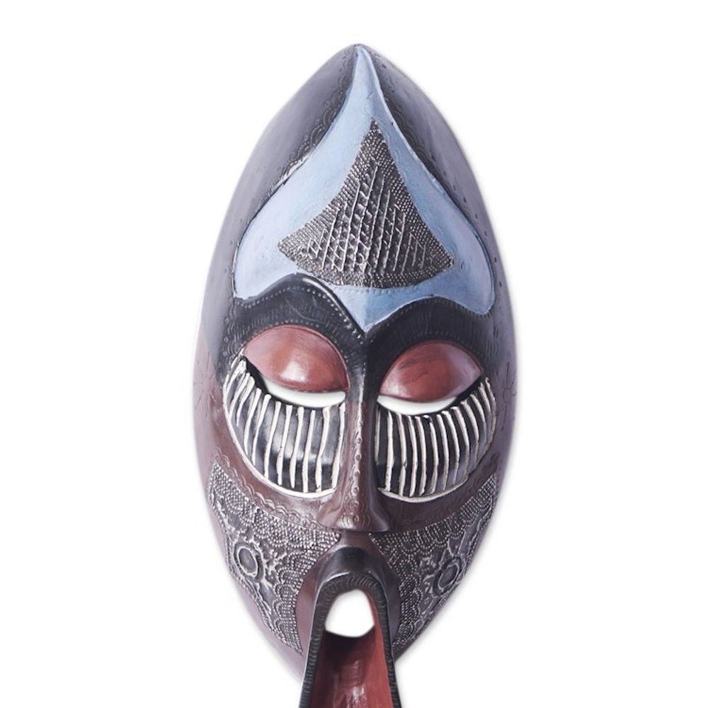 African Sese Wood Mask in Blue with Repousse Aluminum 'Ancestral Chant'