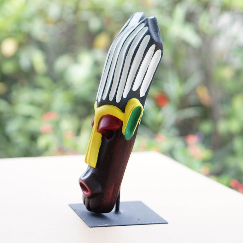 Hand-Painted African Wood Mask on Steel Stand from Ghana 'Tribal Heritage'