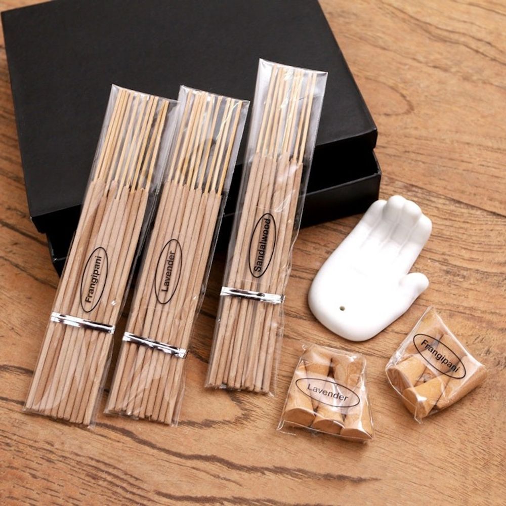 Lavender and Frangipani Ceramic Incense Set 'White Palm'