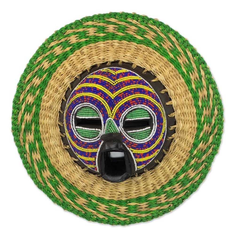 Hand Made African Mask with Wood, Bead and Raffia Accents 'True Child'