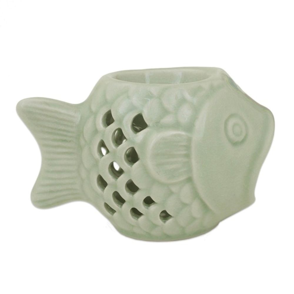 Handcrafted Ceramic Clay Oil Warmer Green Fish from Thailand 'Hello Fish'