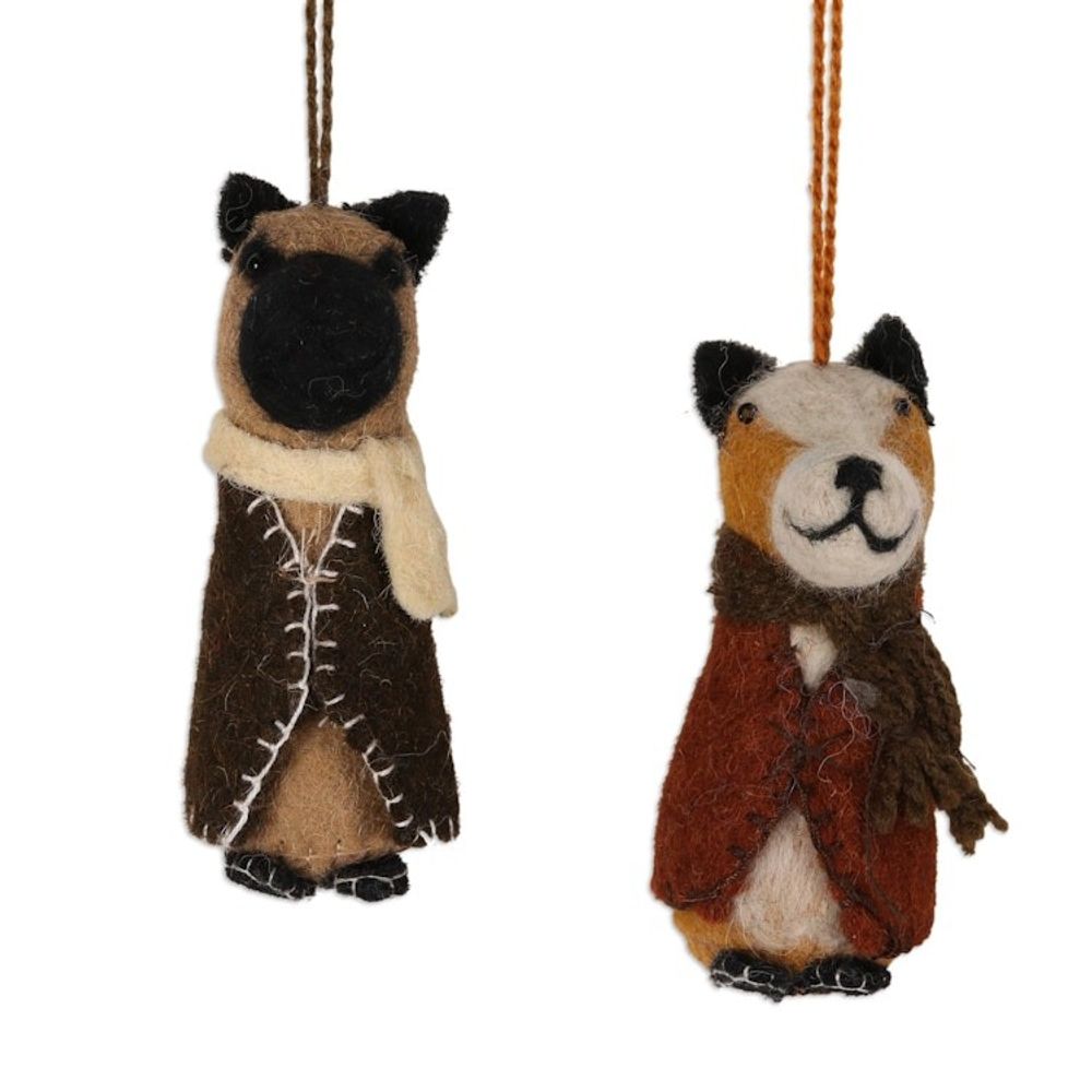 Embroidered Wool Dog Ornaments from India Set of 6 'Festive Pups'