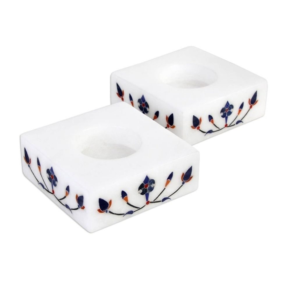 Square Marble Tealight Holder with Blue Blooming Buds Pair 'Blooming Buds in Blue'