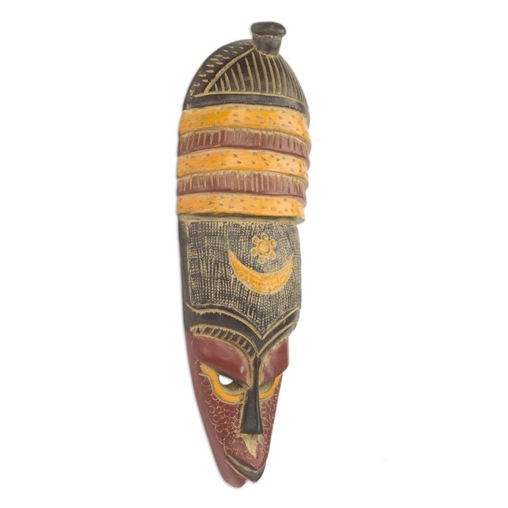 Handmade African Colorful Sese Wood Wall Mask from Ghana 'Colorful Villager'